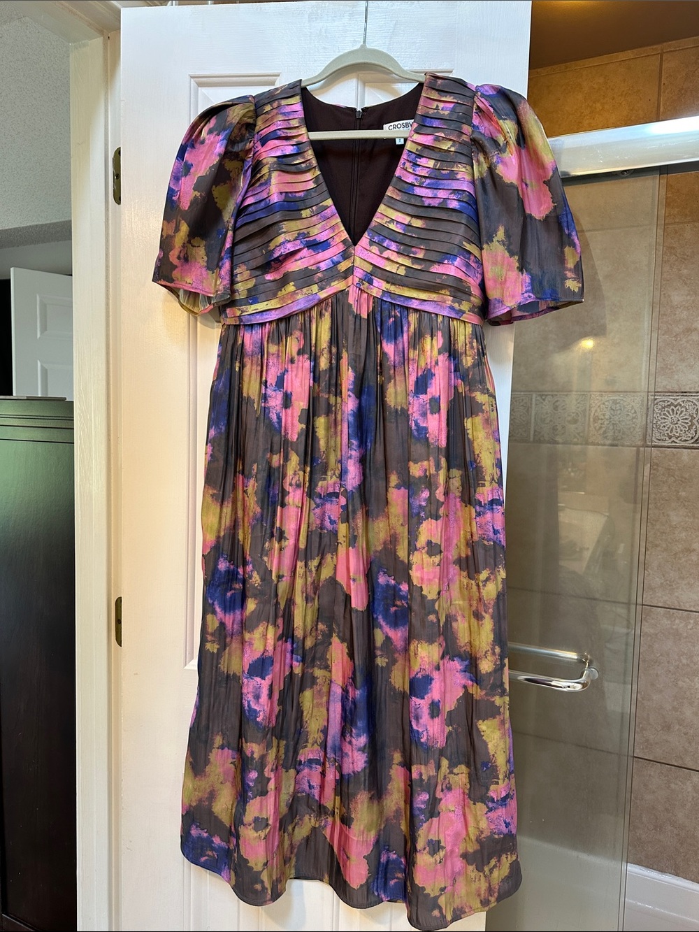 CROSBY by Mollie Burch Black Midi Dress with Pink and Olive Watercolor Print